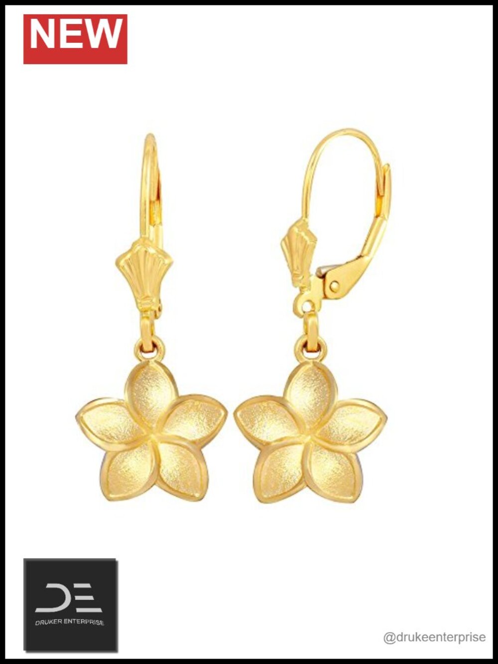 10k Yellow Gold Dangle Hawaiian Plumeria Flower Earrings Small